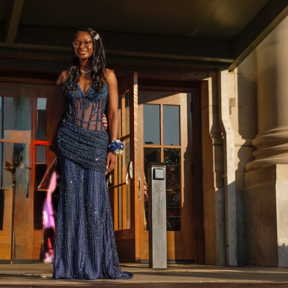 Elegant Navy Blue Beaded Gown